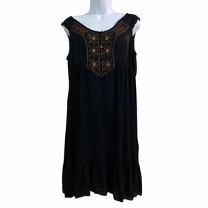 Black Lightweight Sleeveless Dress Medium Boho Beaded Ruffle Crochet Cottagecore